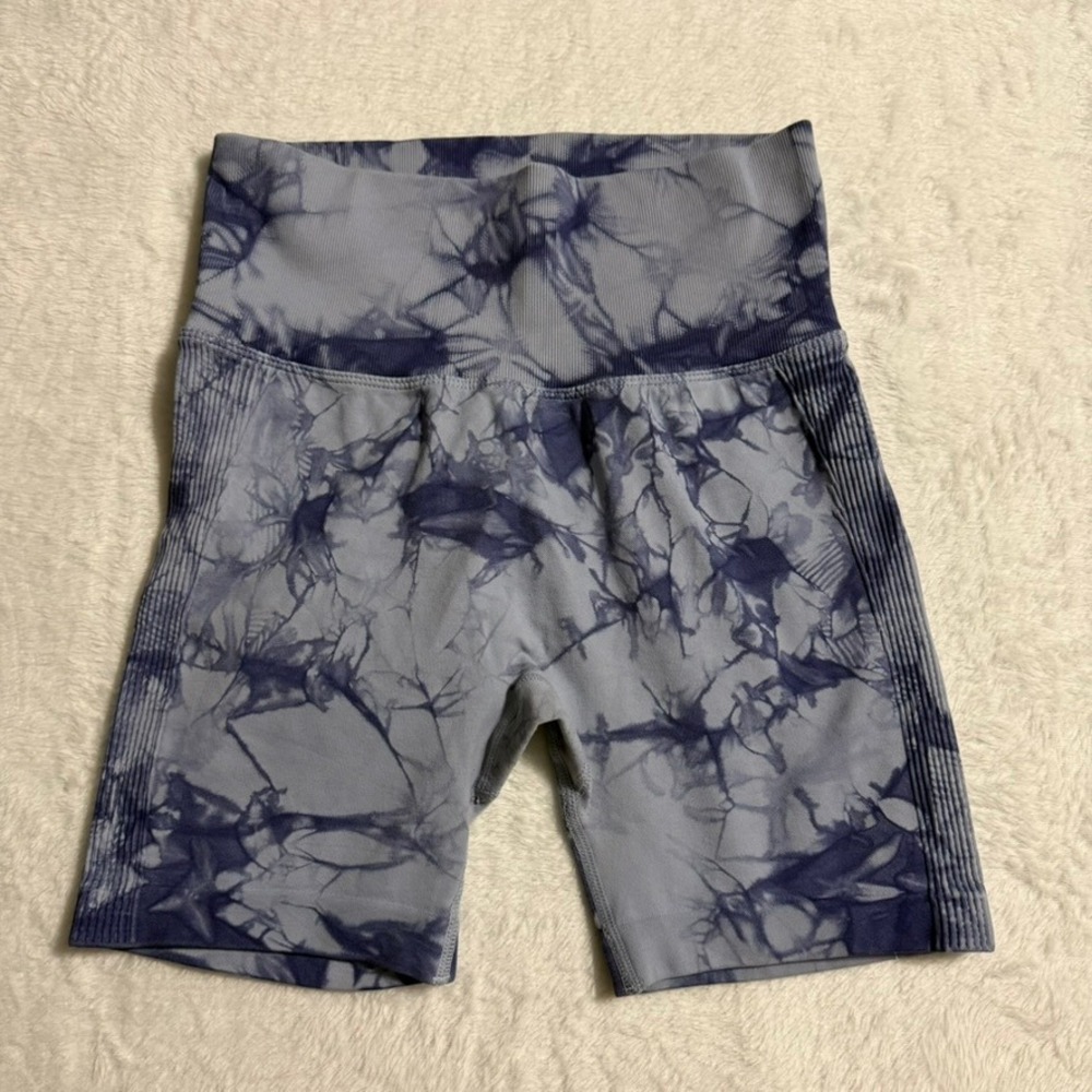 Pchee Bum Seamless Biker Shorts Womens Small Blue Marble Scrunch Butt High‎ Rise